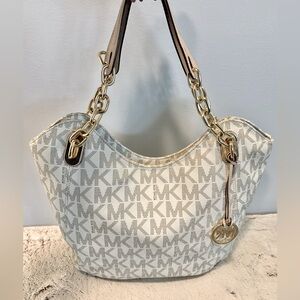 Michael Kors Cream Tote Gold Chainlink & Canvas Shoulder Strap Very Clean Nice!